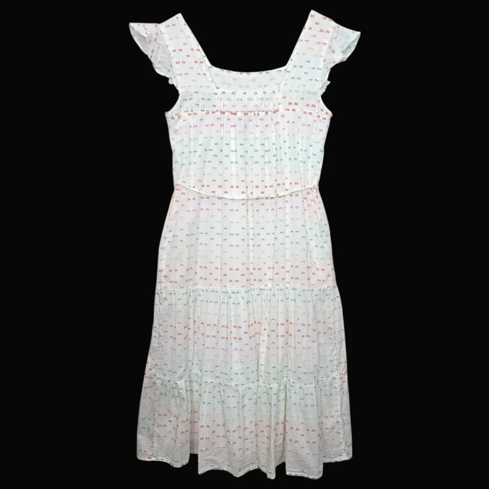 Draper James Rainbow Dot Tiered Midi Dress White Flutter Sleeves Pockets - Picture 3 of 15
